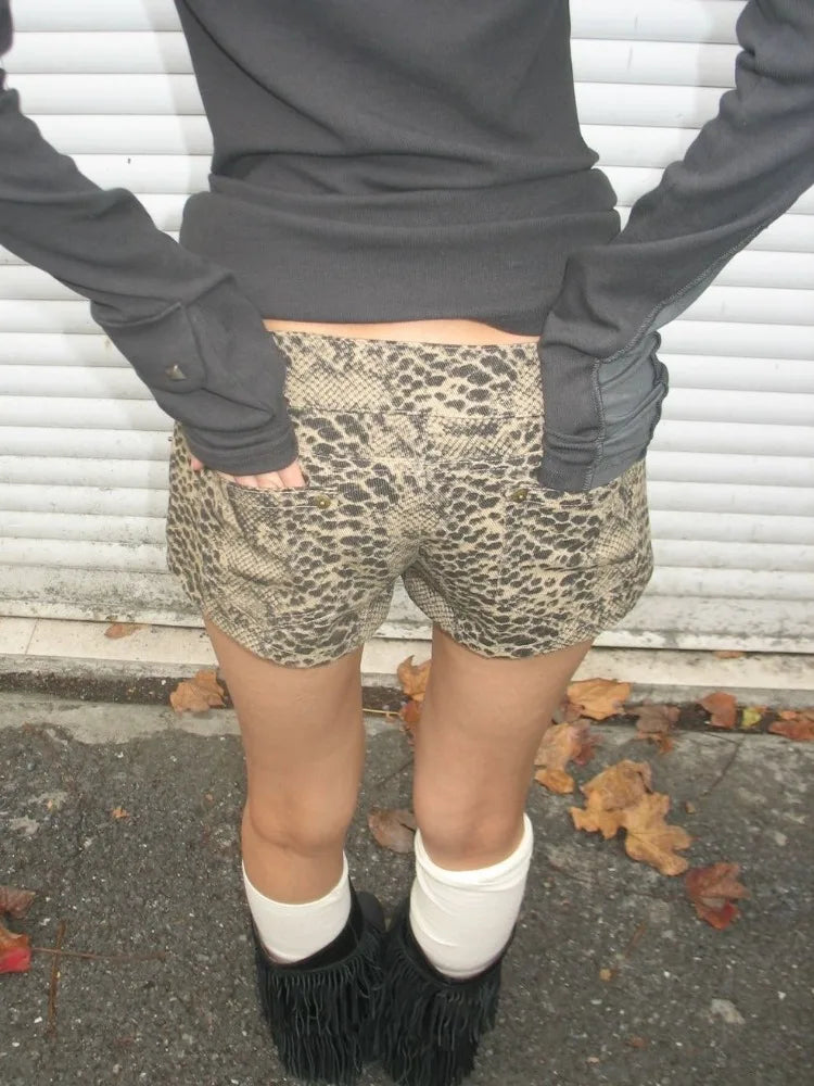 HOUZHOU Vintage Leopard Printed Denim Shorts Women Sexy Y2k Low Waist