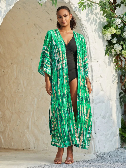 Long Kimono Swimsuit Cover up for Women Stylish Tie Dye Open Front