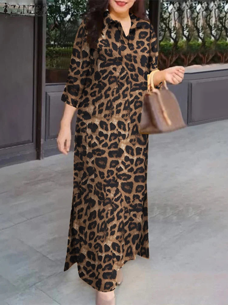ZANZEA Women Leopard Print Shirt Dress Casual 3/4 Sleeve Lapel