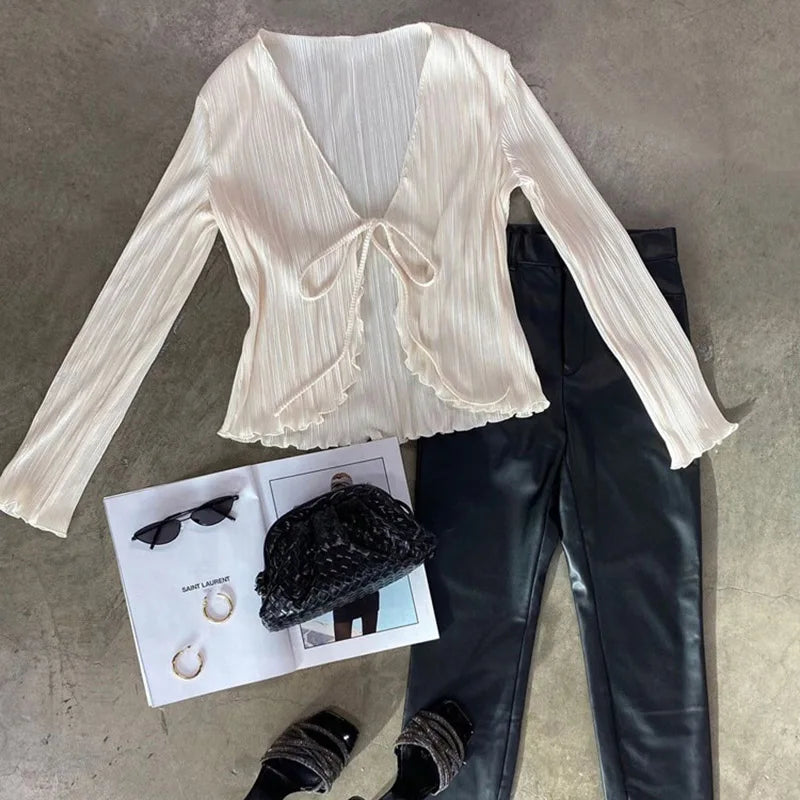 Women Pleated Plain Shirts Spring Fall Chic Long Flare Sleeve V- Neck