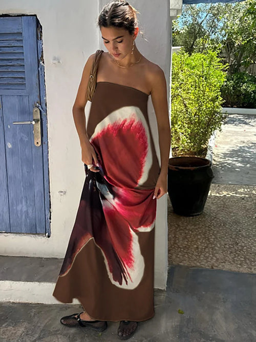 JULISSA MO Sexy Strapless Print Floral Belt Women Maxi Dress Yellow