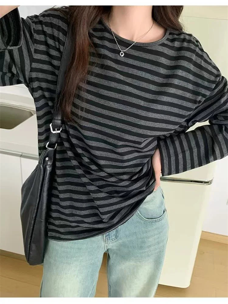 Autumn Women Harajuku Striped T Shirt Long Sleeve O-Neck Casual