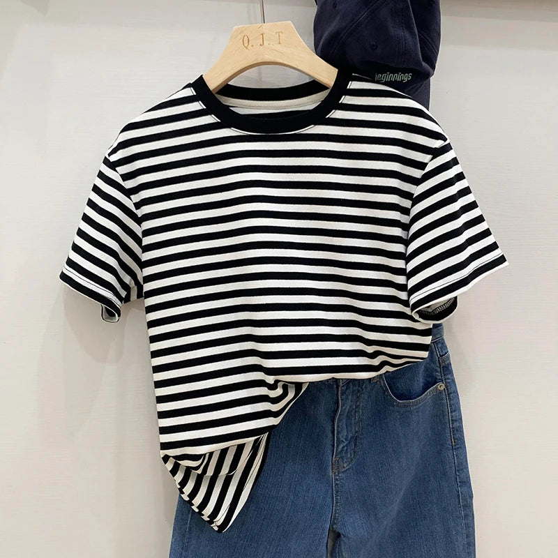 Summer Short Sleeve Striped T-Shirts Versatile Women Knitted Basic
