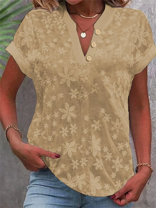 Summer Casual V-neck Shirt Blouse Women Fashion White Jacquard Short