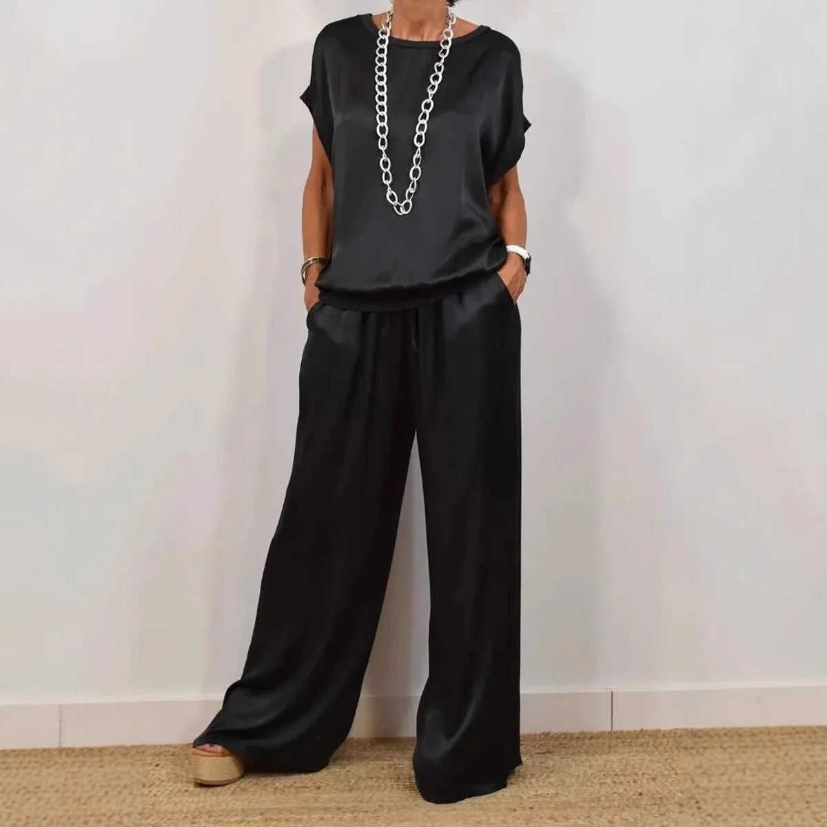 Casual Loose Satin T Shirt Pants Two Piece Sets Women Fashion O-neck