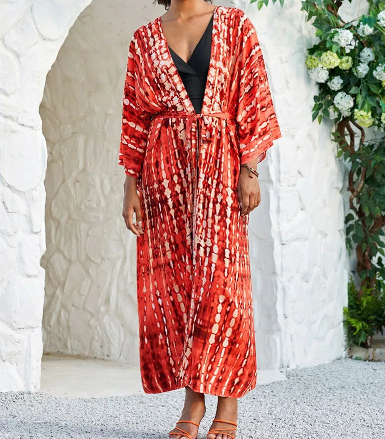 Long Kimono Swimsuit Cover up for Women Stylish Tie Dye Open Front