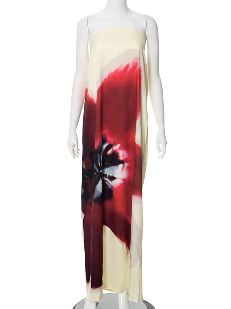 JULISSA MO Sexy Strapless Print Floral Belt Women Maxi Dress Yellow