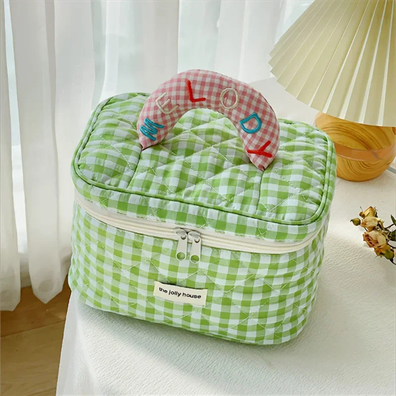 1pc cute color contrast check delicate bucket makeup bag for ladies