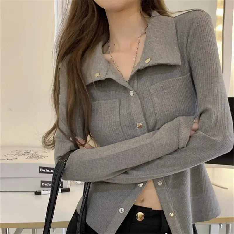 Women T-shirt Spring Autumn Clothes Ribbed Knitted Long Sleeve Short