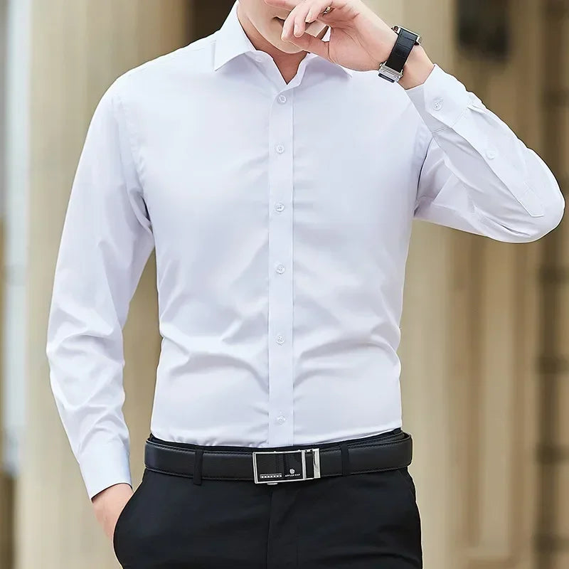 New Plus Size 8XL Men Solid Color Business Shirt Long Sleeve Shirt