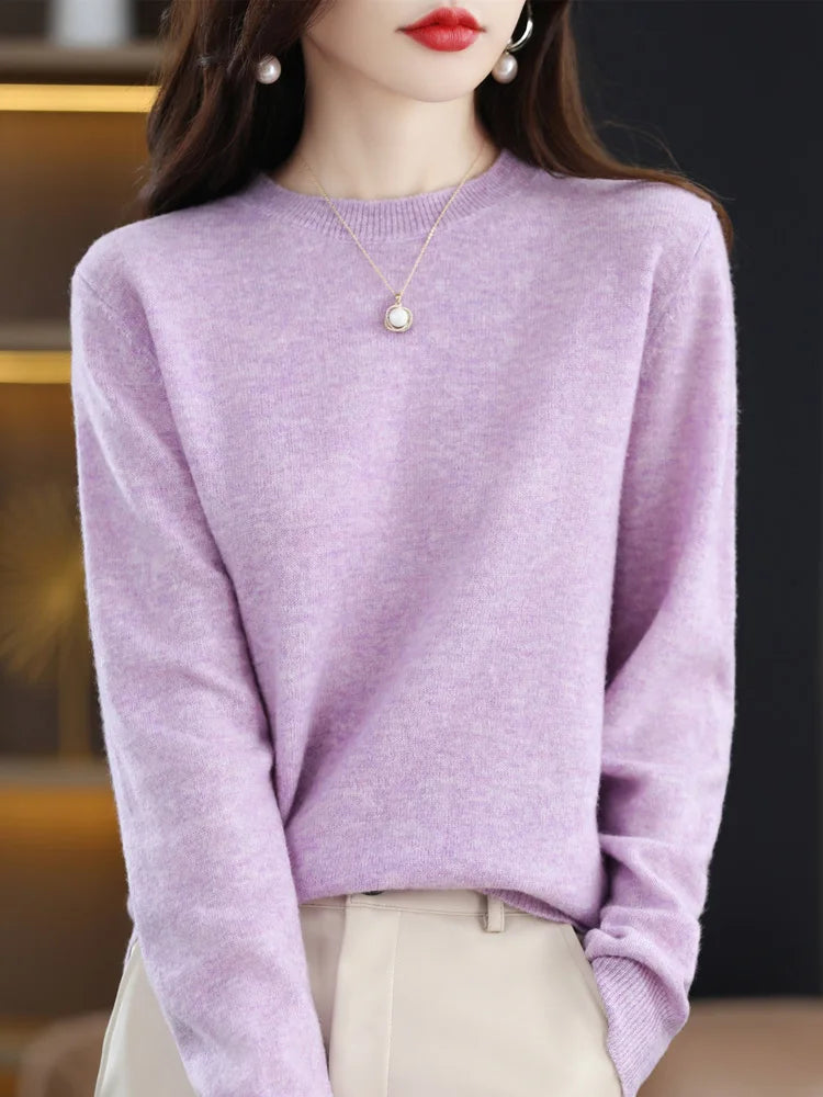 Fashion 100% Merino Wool Women's Sweater O-Neck Long Sleeve Pullover