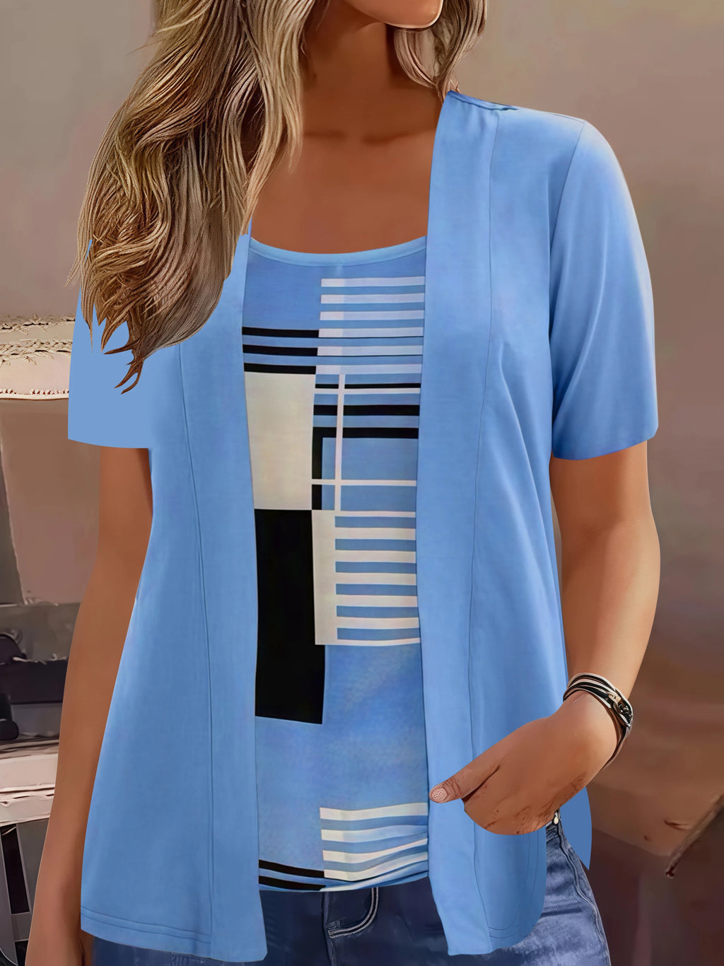Elegant Geometric Print Mock Two-Piece T-Shirt | Plus Size Womens