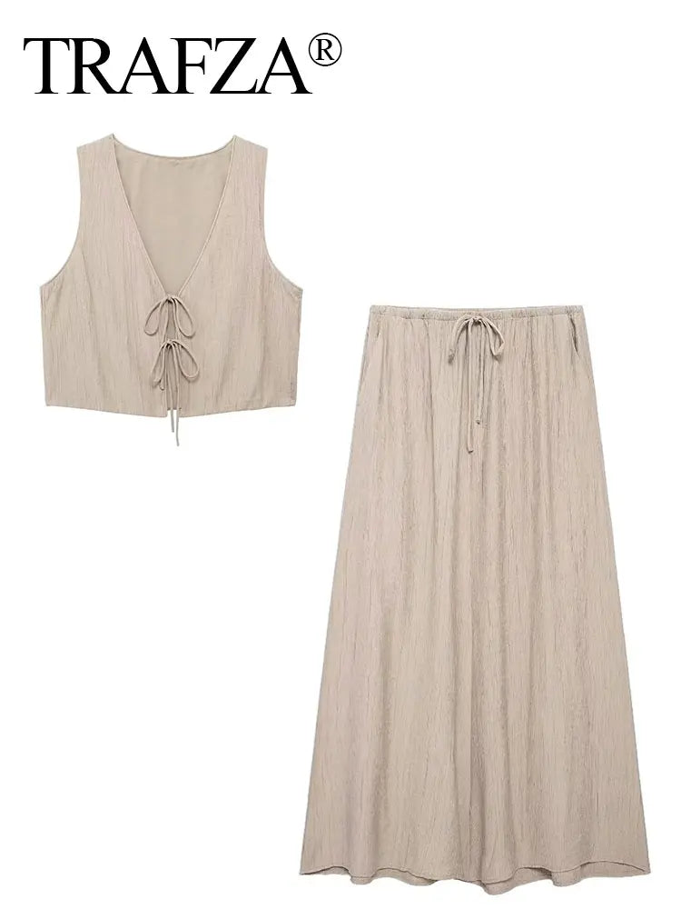TRAFZA Women Fashion Vintage Solid Skirt Suit Bow Lace-up Tank Tops V