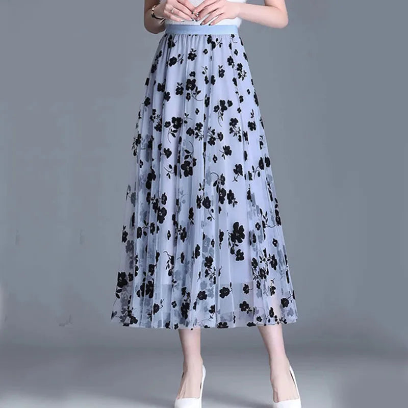 GIDYQ Korean Women Mesh Skirt Fashion Hook Flower Loose Midi Skirt