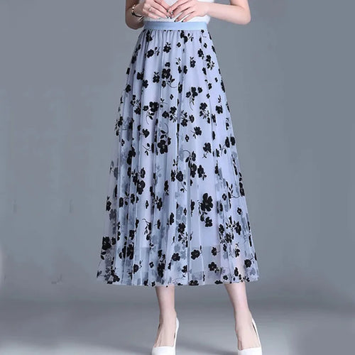 GIDYQ Korean Women Mesh Skirt Fashion Hook Flower Loose Midi Skirt