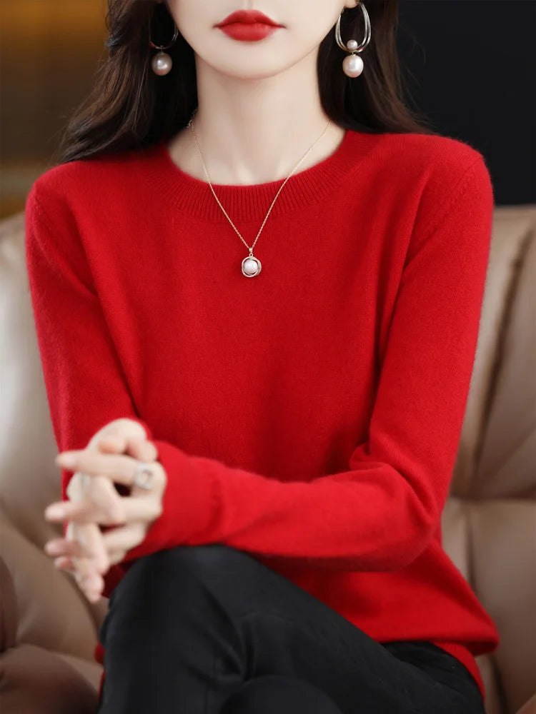Fashion 100% Merino Wool Women's Sweater O-Neck Long Sleeve Pullover