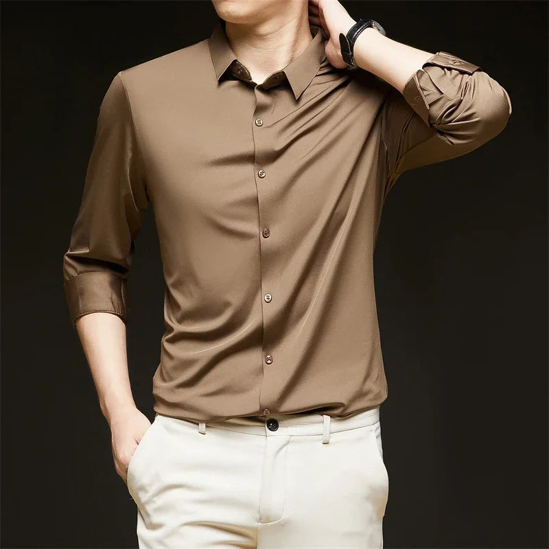 New Men's Business Casual Long Sleeved Solid Color Shirt Wrinkle