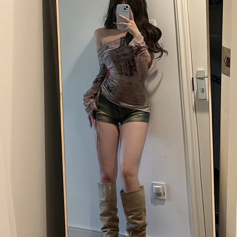 Long sleeved T-shirt spicy girl style one shoulder women's thin mesh