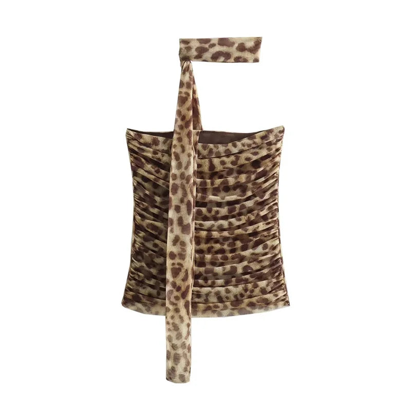 MUJER Leopard Print Crop Top Woman Ruched Tulle Corset Top Women off