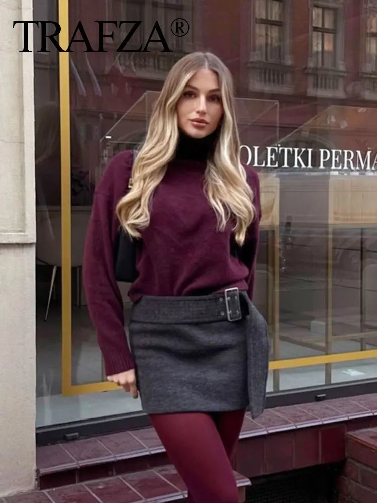 TRAFZA Women Vintage Burgundy Turtleneck Sweater Casual Long Sleeve