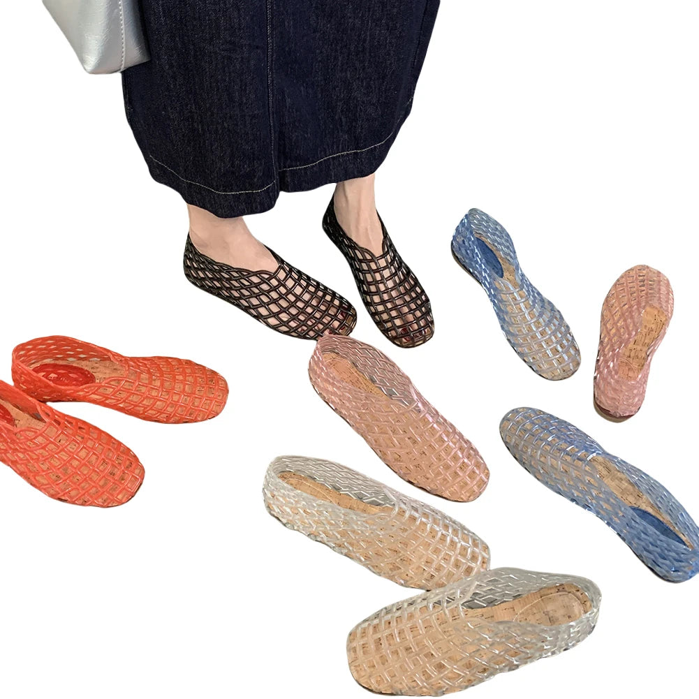 Women Jelly Flats Mesh Ballet Flats Square Toe Hollow Out Ballet Flats