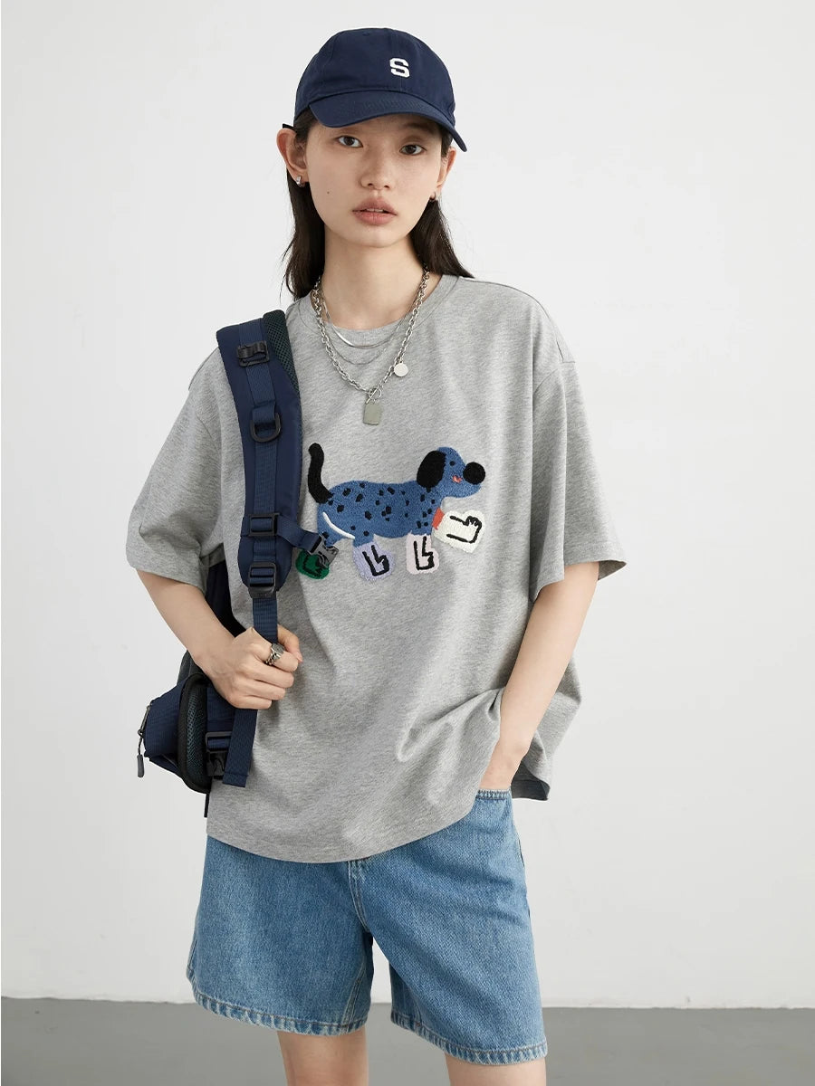 CHIC VEN Women T-Shirts Loose Streetwear Unisex Fun Dog Embroidered