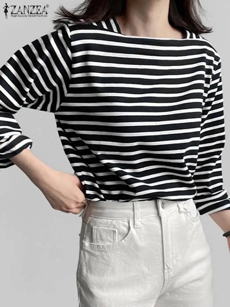 ZANZEA Fashion Striped Blouse Women Elegant Square Neck Long Sleeve
