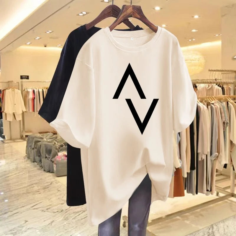 Loose casual cotton women's T-shirt with elegant printed short sleeved