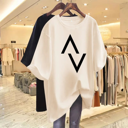 Loose casual cotton women's T-shirt with elegant printed short sleeved