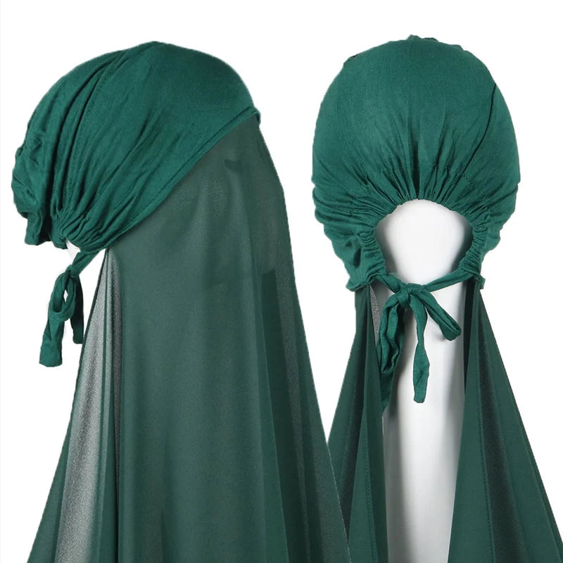 Muslim Instant Hijab Women Bonnet with Chiffon Shawl Head Scarf Cap