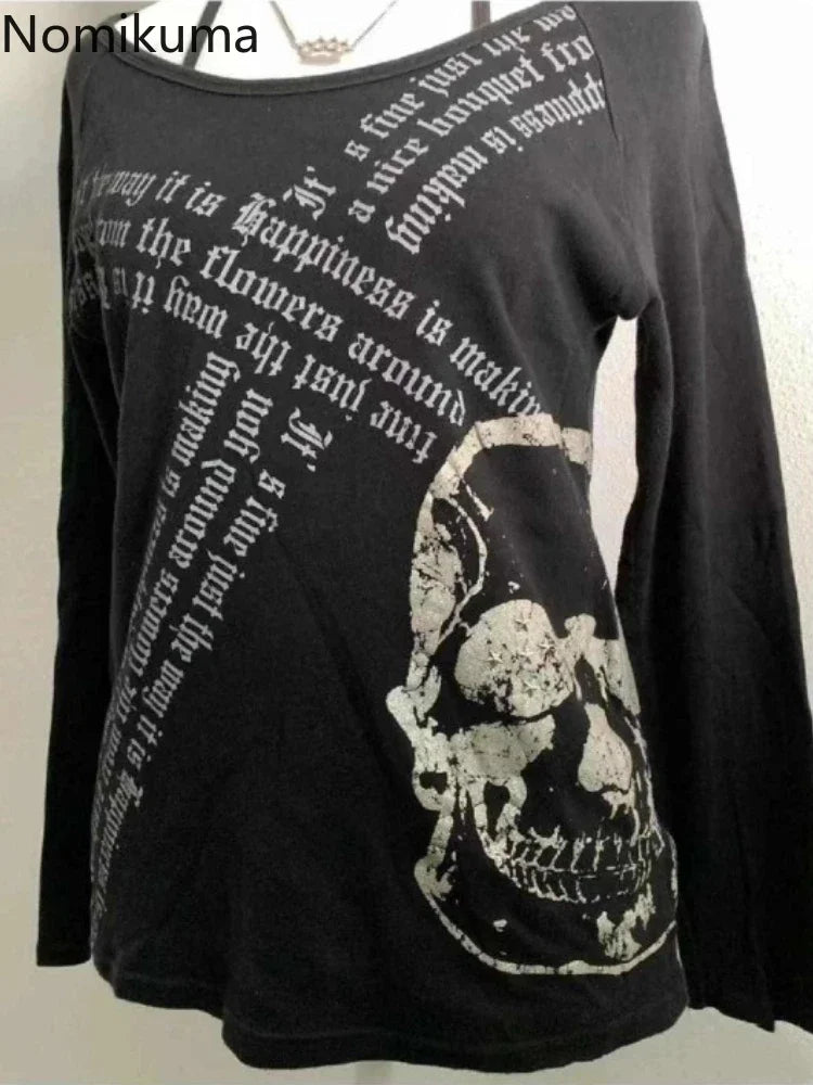 Harajuku T Shirts for Women Skull Print Slash Neck Y2k Tops Fashion