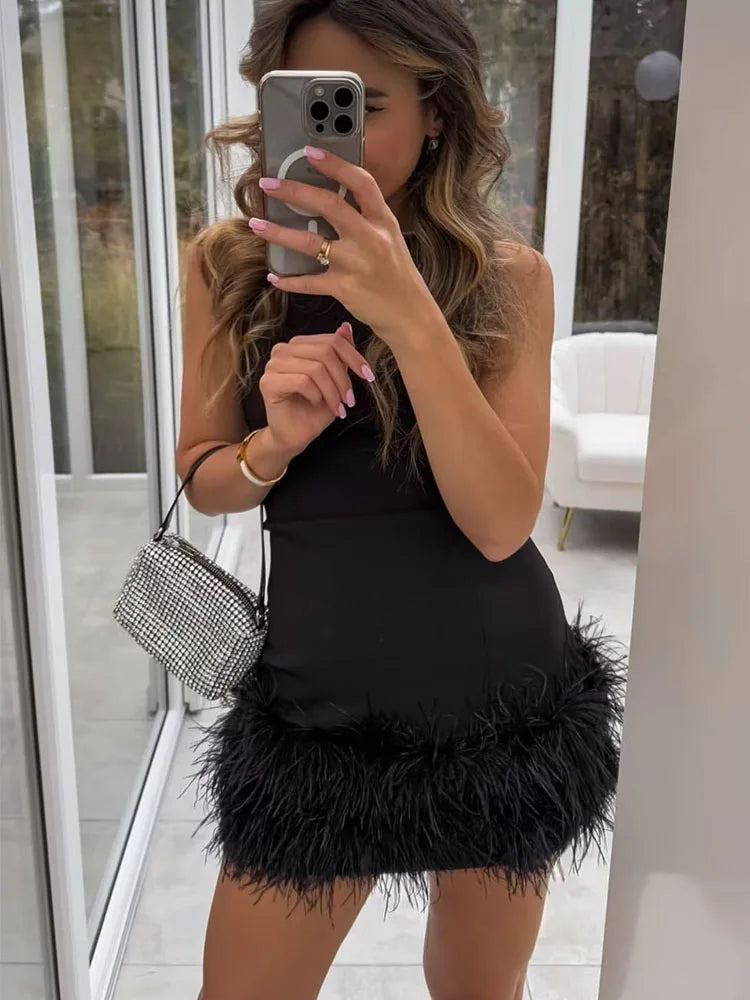 TFMLN 2024 New Elegant Women Feathers Mini Dresses Sexy Slim