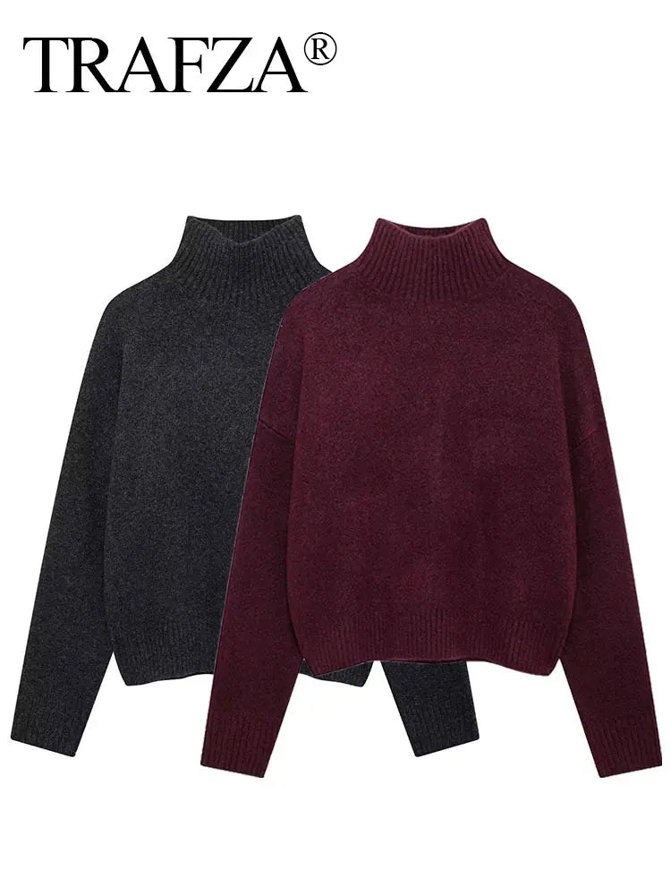 TRAFZA Women Vintage Burgundy Turtleneck Sweater Casual Long Sleeve