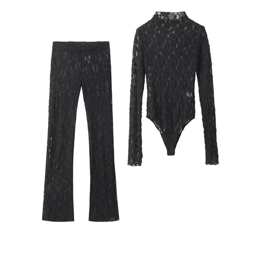 TRAFZA Womens Lace Pants Sets Slim Jumpsuits Top + High Waist Trousers