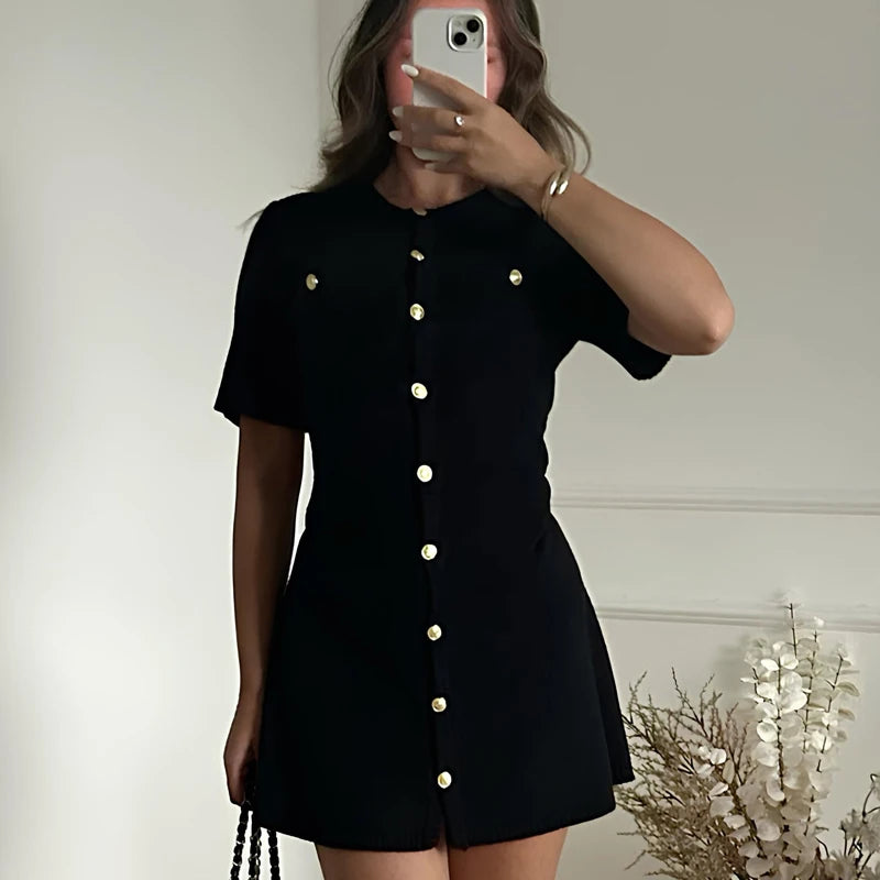 White Elegant Knitted Mini Dress For Women Metal Button Sexy Slim Rib