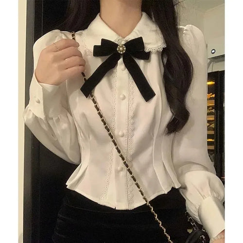 White Bow Shirts Women Sweet Preppy Kawaii Lace Patchwork Blouses