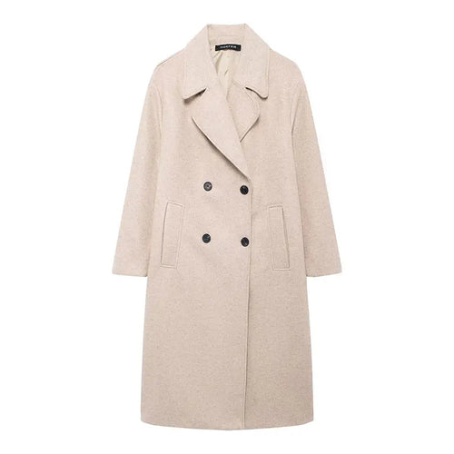 TRAFZA Winter Coat For Women 2024 Solid Lapel Double Breasted Long