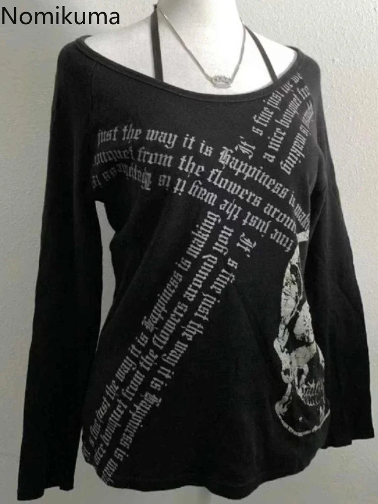 Harajuku T Shirts for Women Skull Print Slash Neck Y2k Tops Fashion