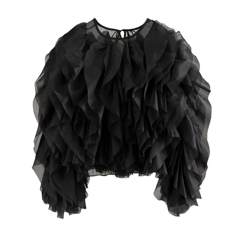 TWOTWINSTYLE Ruffles Shirts For Women O Neck Lantern Sleeve Loose