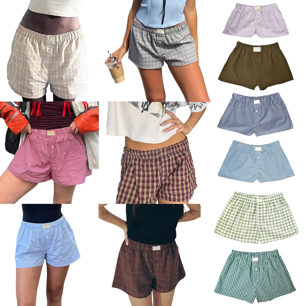 Women’s Y2K Retro Cleanfit Plaid Print Elastic Low Waist Button Front