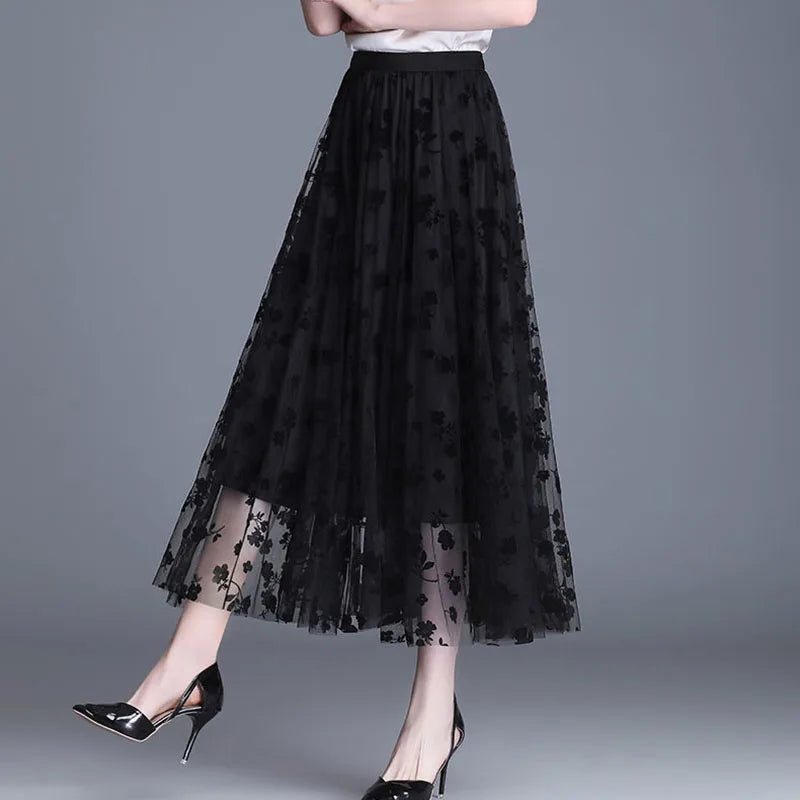 GIDYQ Korean Women Mesh Skirt Fashion Hook Flower Loose Midi Skirt