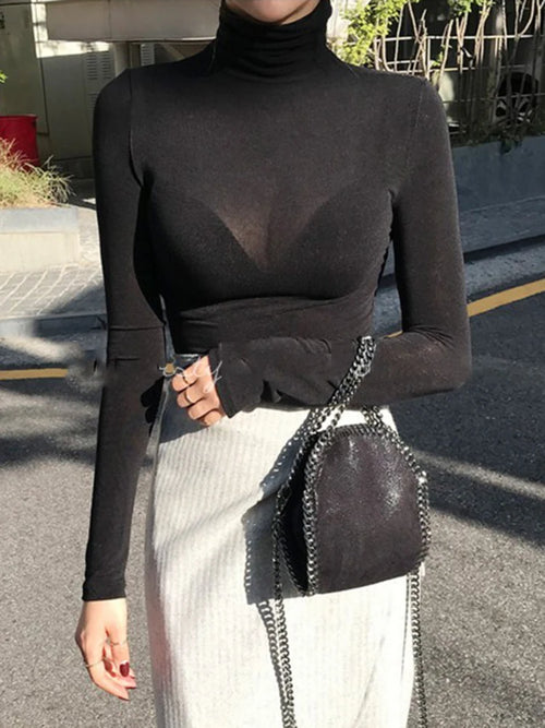 Turtleneck Slim High Quality Plain T Shirt Women Cotton Elastic Basic
