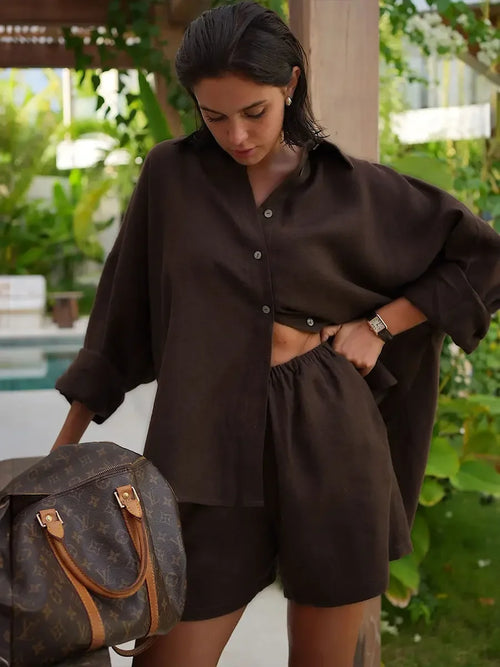 Bornladies Casual Shorts Sets 100% Cotton 2 Pieces Cozy Lapel Lantern