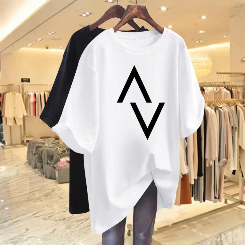 Loose casual cotton women's T-shirt with elegant printed short sleeved