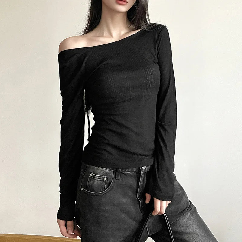 Women Autumn Long-sleeved Slash Neck Crops Tops Elastic Sexy Slim
