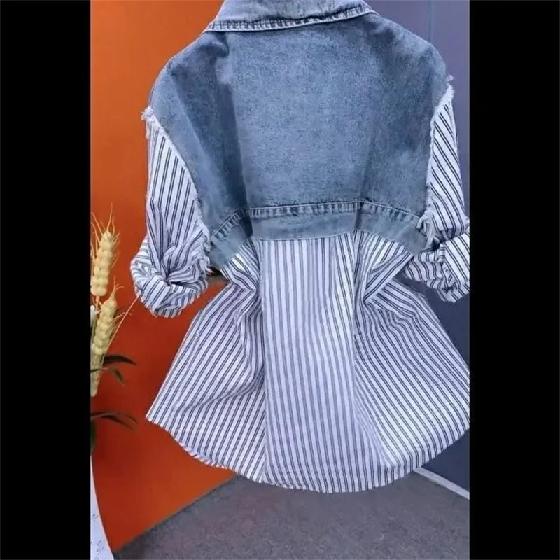 Women Denim Jacket Fake Two Denim Shirts 2024 New Spring Summer Autumn
