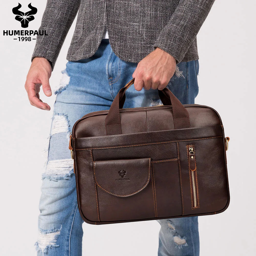 HUMERPAUL Men's Briefcase Bag Top Layer Leather Handcrafted Laptop Bag