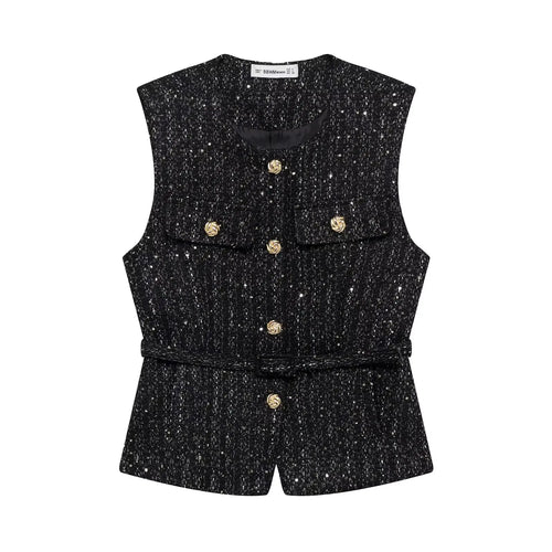 TRAFZA Women Fashion Tweed Belt Waistcoat O Neck Single Breasted