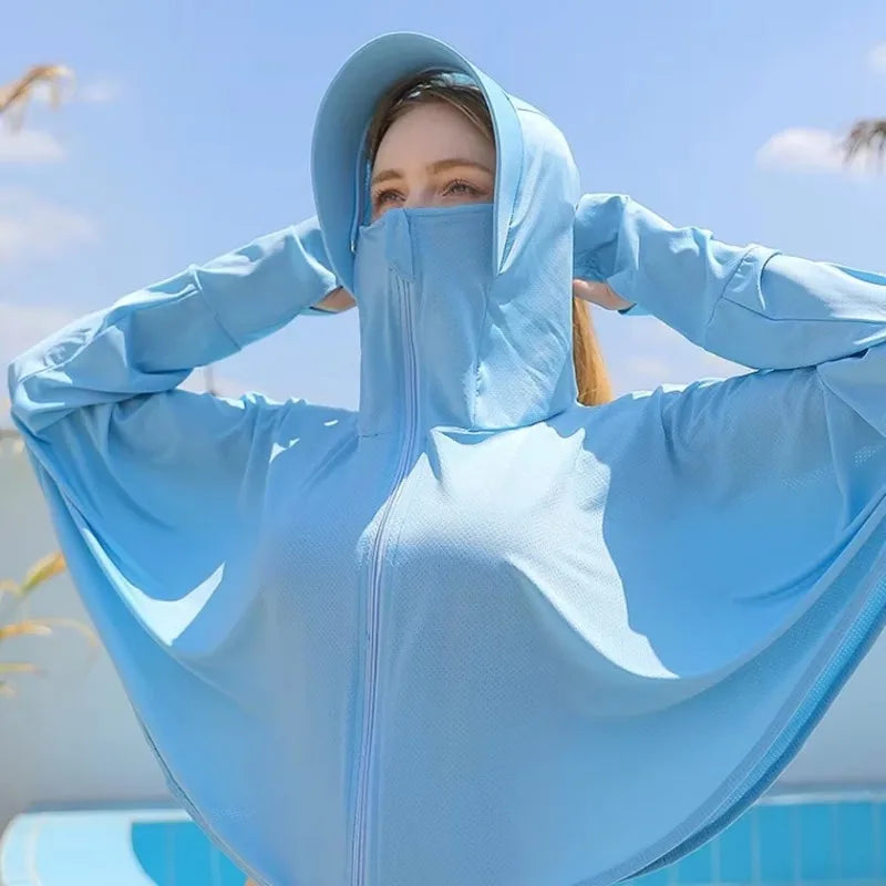 UPF 50+ Women Sunscreen Hoodie Solid Color Thin Ice Silk Summer UV