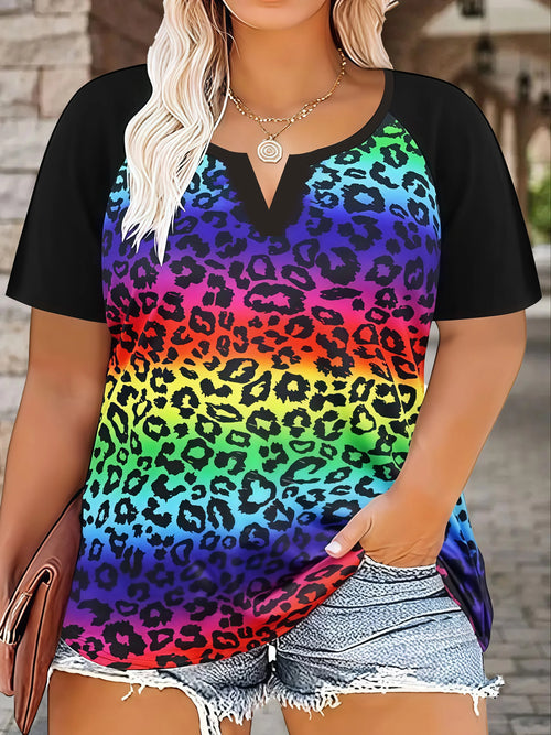 Plus Size Women's Casual Loose Fit Leopard Floral Print Short Sleeve